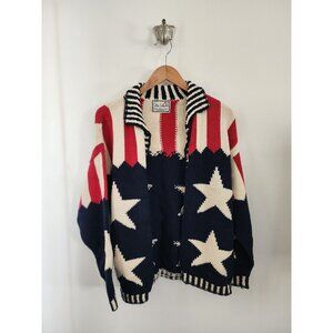Cotton Salsa hand loomed red white blue US flag chucky knit cardigan OS